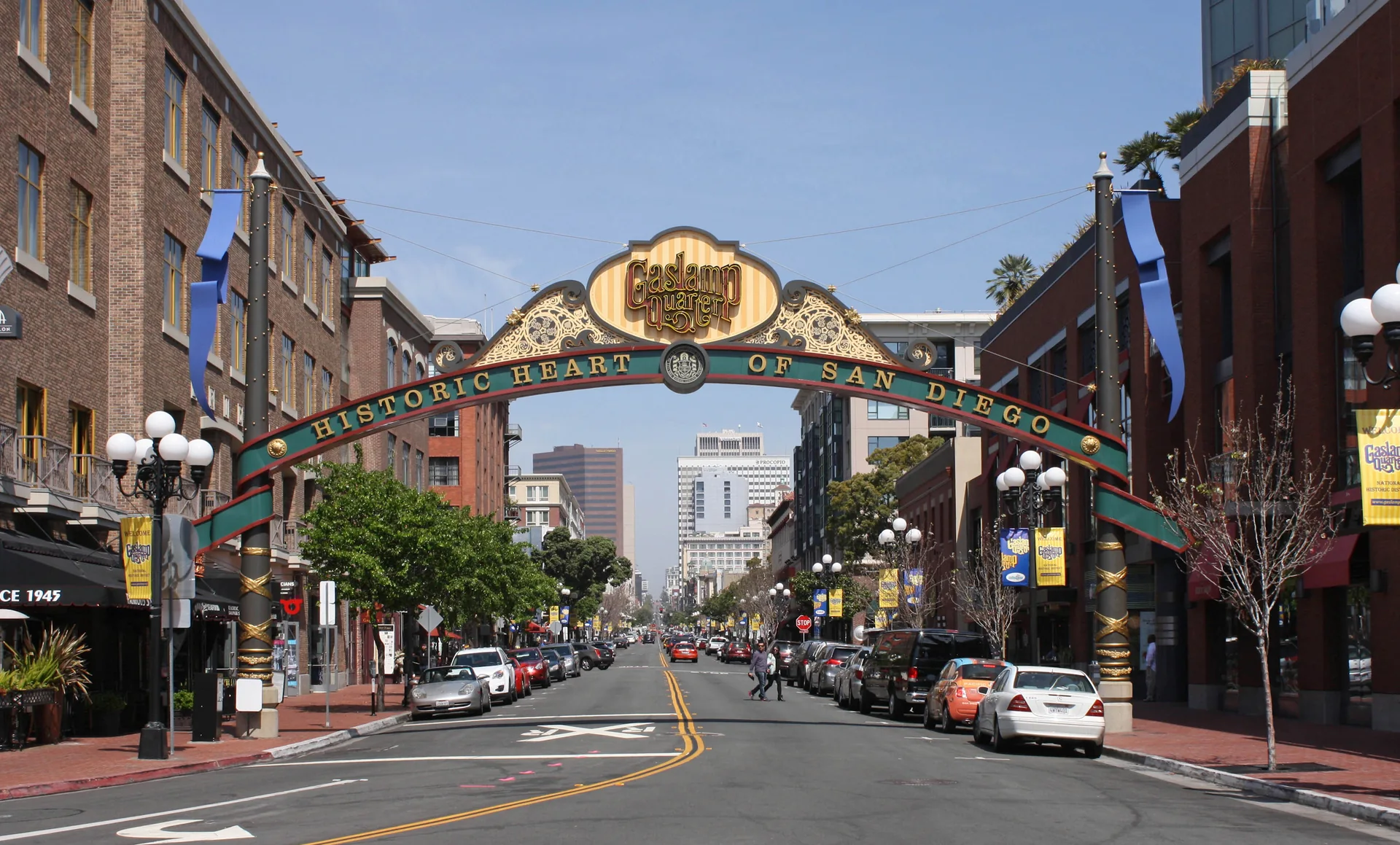 The Gaslamp Quarter sign over Fifth Avenue in San Diego.