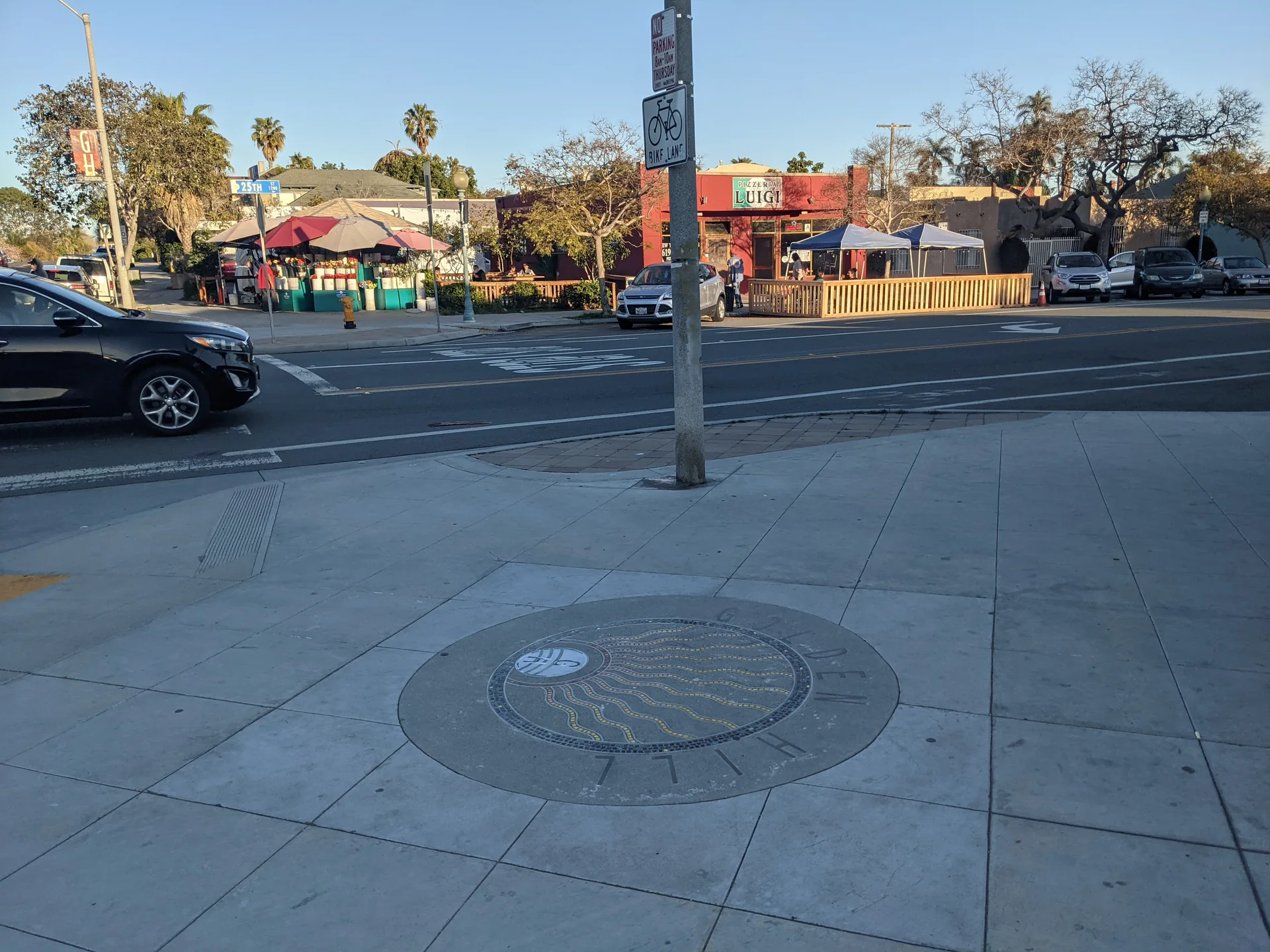 A street corner and neighborhood businesses in Golden Hill, San Diego.
