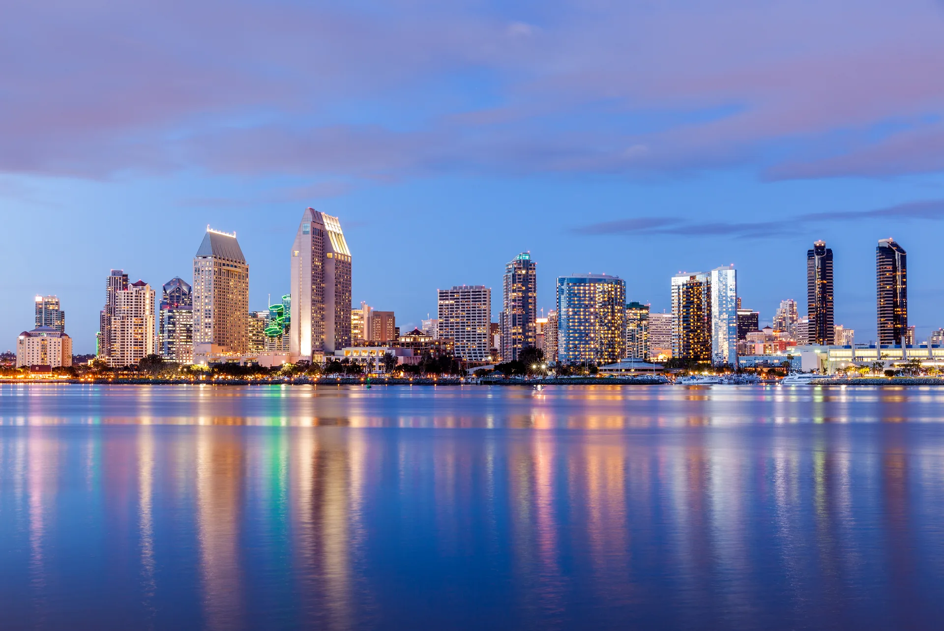 San Diego skyline across the bay at dusk, viewed from Coronado.