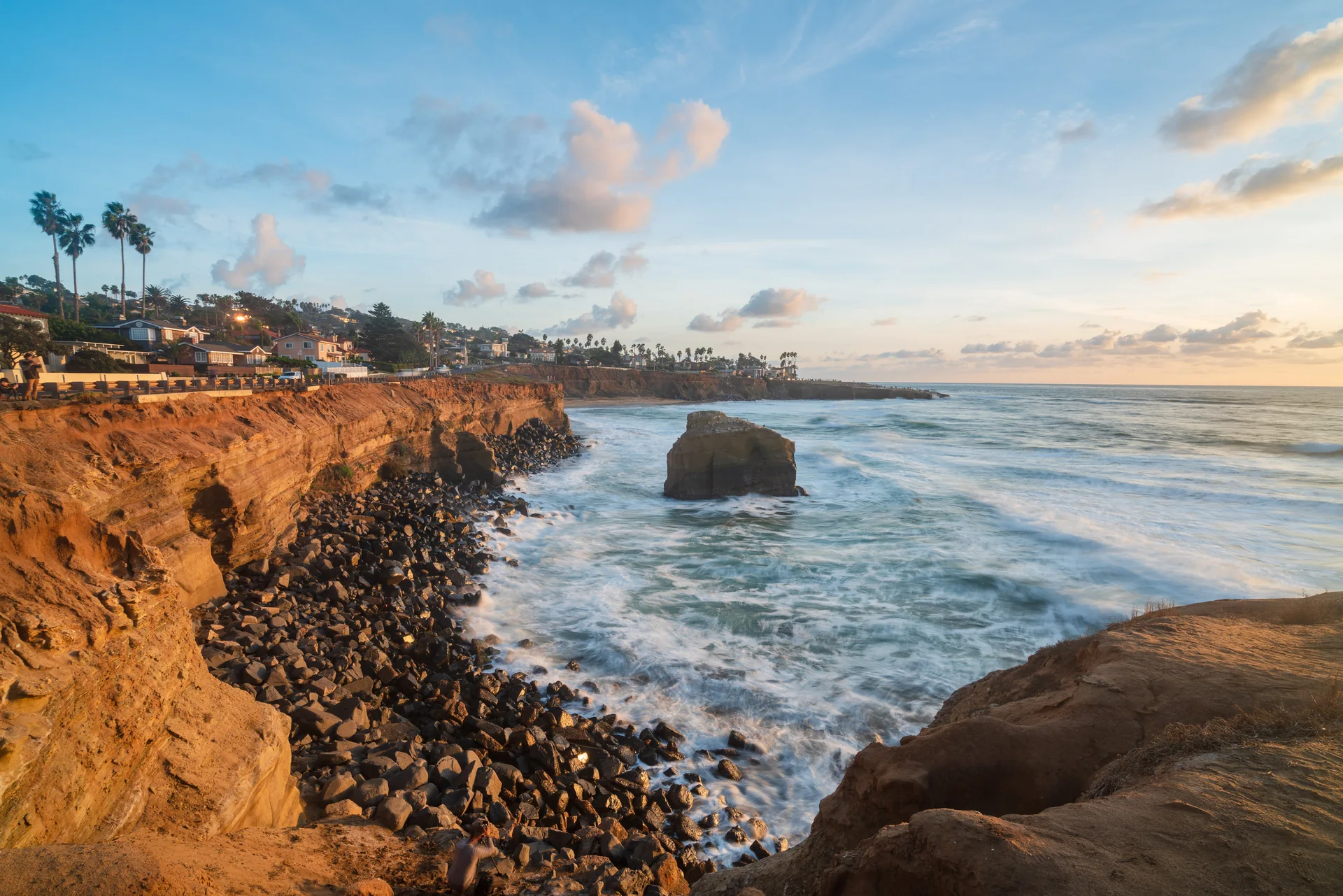 The coastal cliffs and Pacific Ocean at Sunset Cliffs, San Diego.