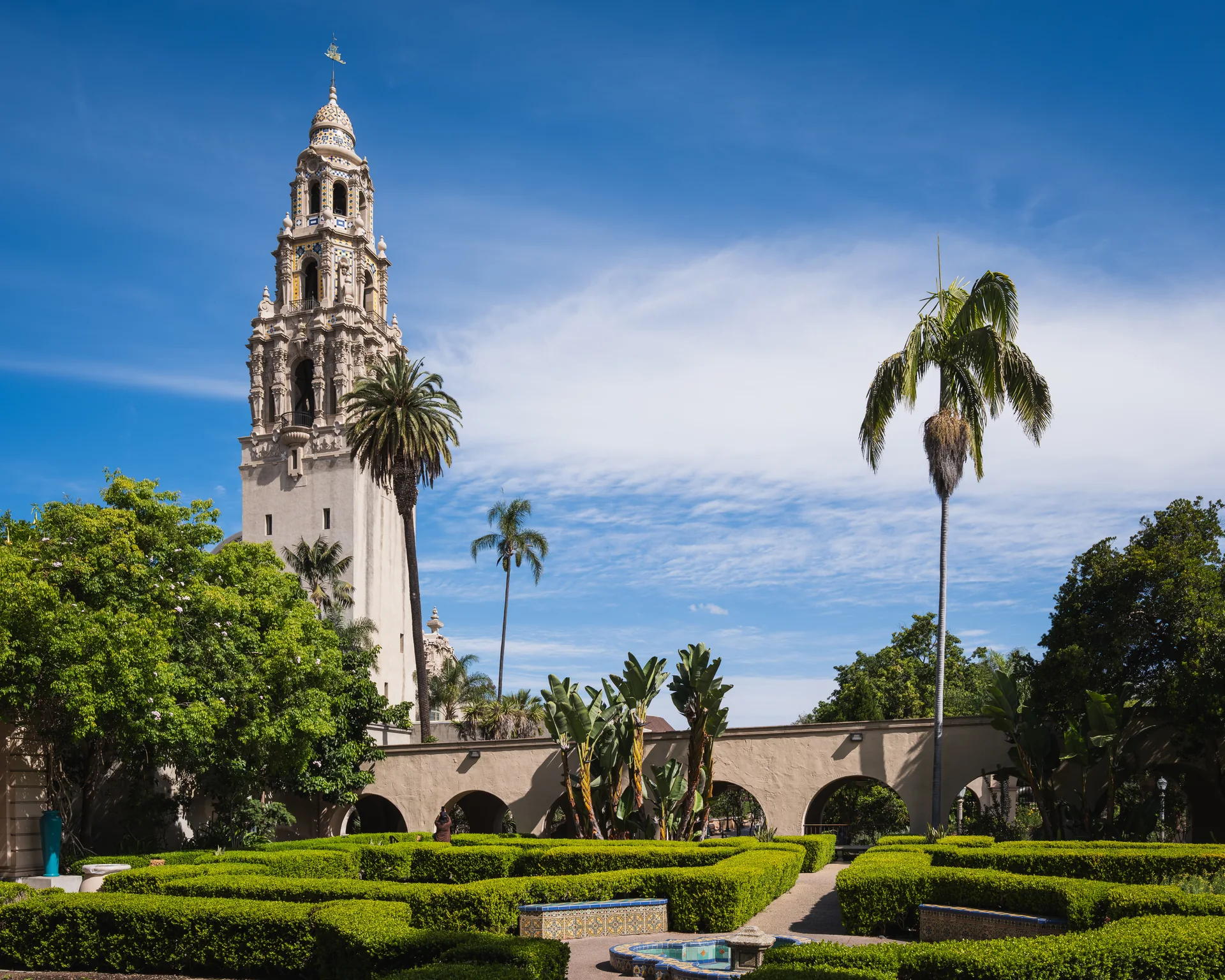 California Tower above the hedges of Alcazar Garden in Balboa Park.